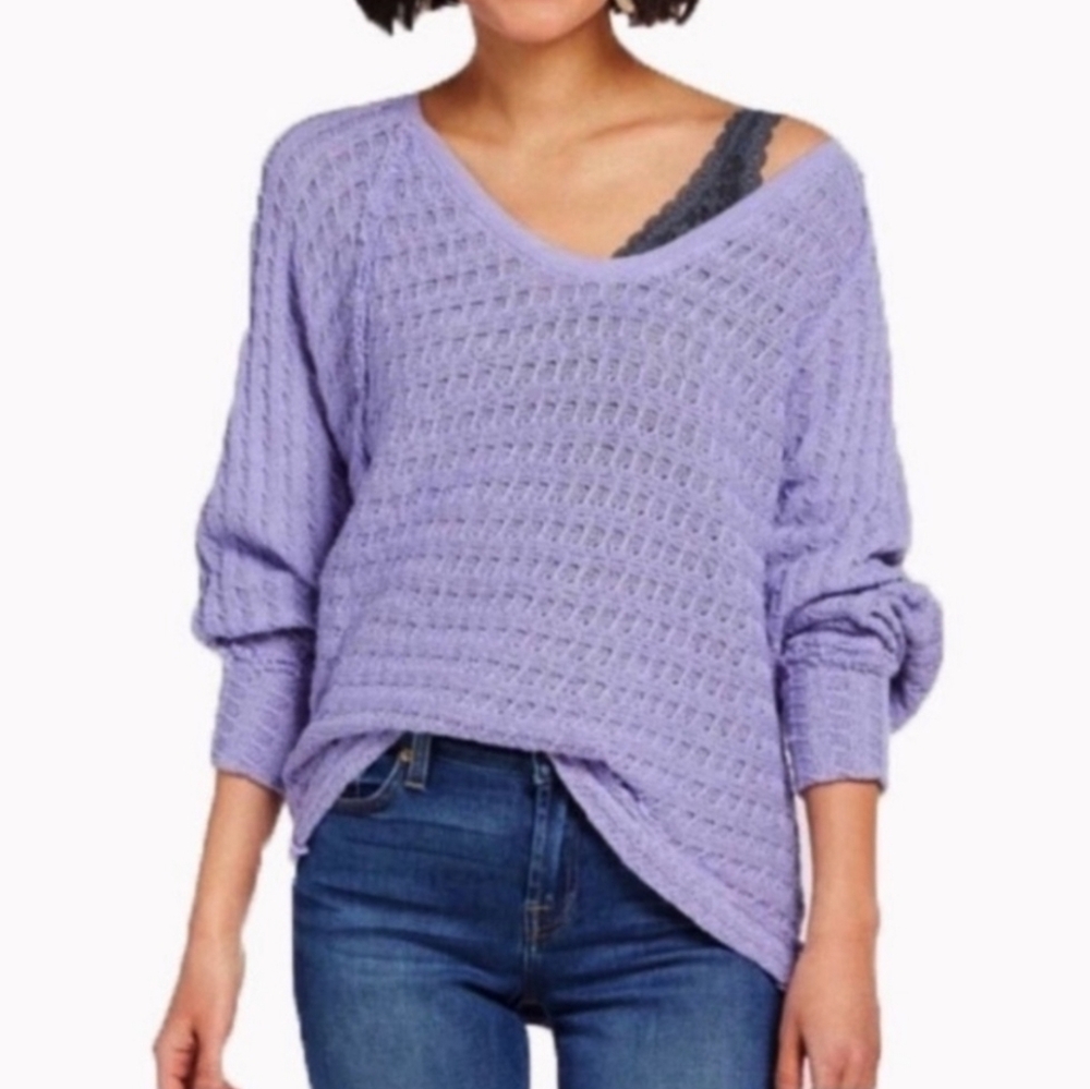 We The Free Theins Hatchy Lavender V-Neck Sweater Dolman